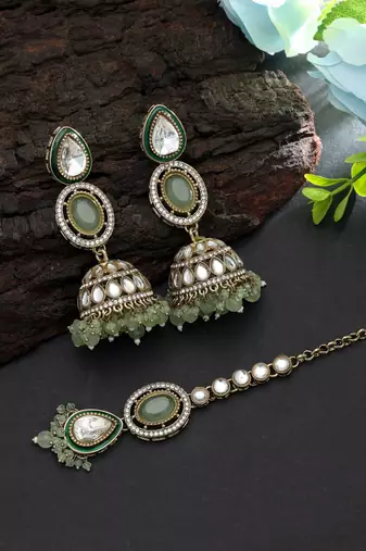 Pista green color kundan earrings tikka set