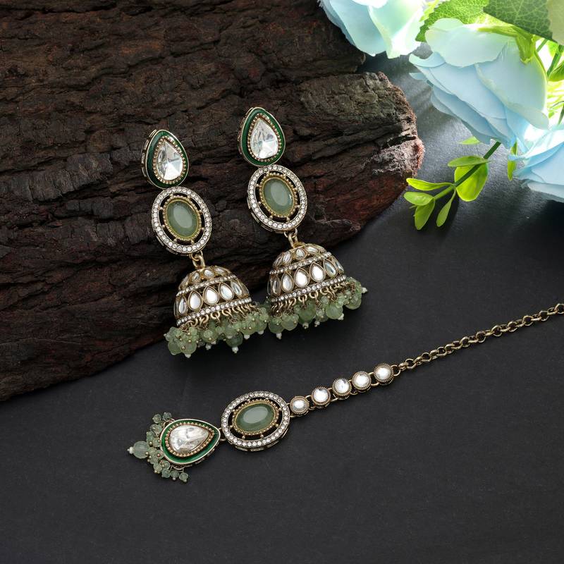 Pista green color kundan earrings tikka set