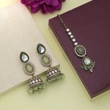 Pista green color kundan earrings tikka set 2