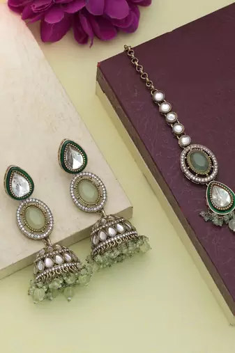 Pista green color kundan earrings tikka set