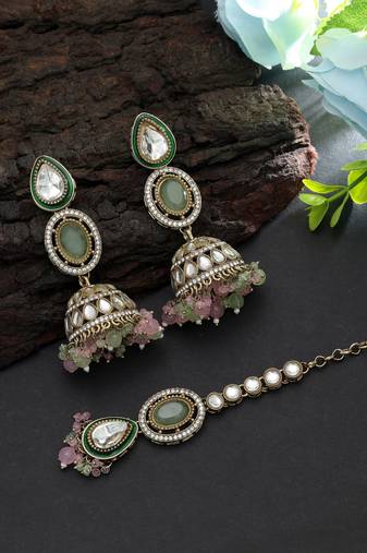 Pista green & pink color kundan earrings tikka set