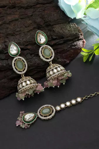 Pista green & pink color kundan earrings tikka set