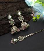 Pista green & pink color kundan earrings tikka set