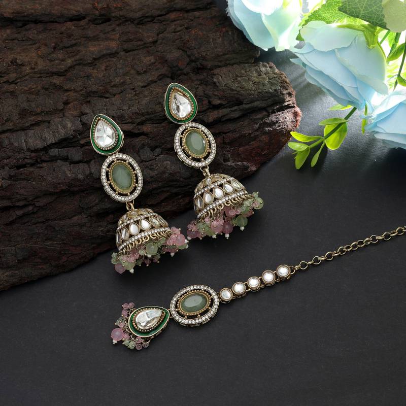 Pista green & pink color kundan earrings tikka set
