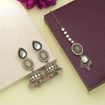Pista green & pink color kundan earrings tikka set 2