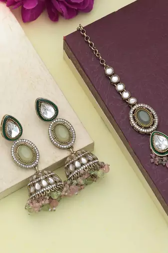 Pista green & pink color kundan earrings tikka set