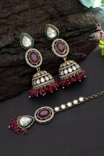 Rani color kundan earrings tikka set