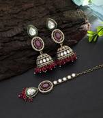 Rani color kundan earrings tikka set