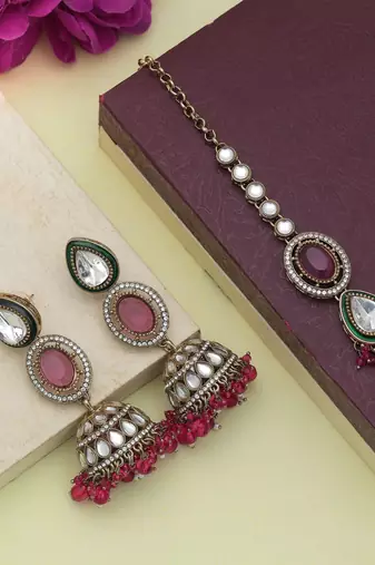 Rani color kundan earrings tikka set