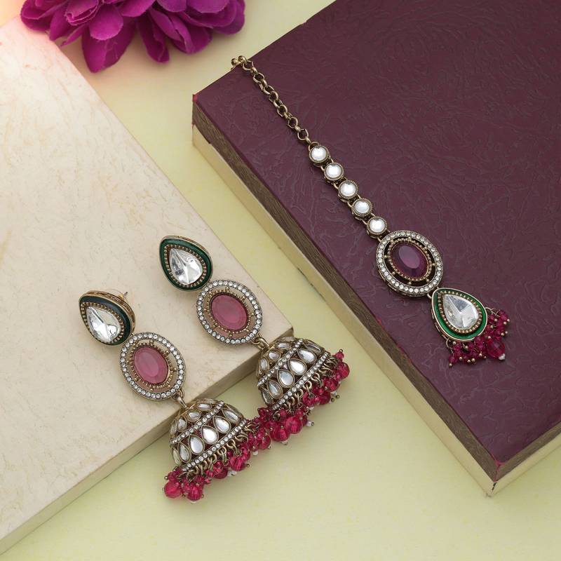 Rani color kundan earrings tikka set