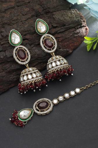Maroon color kundan earrings tikka set