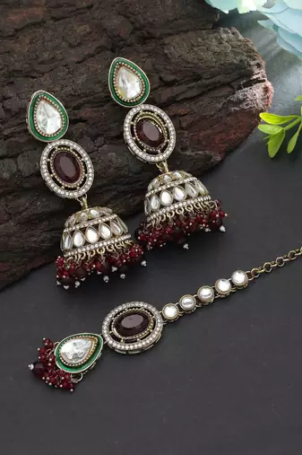 Maroon color kundan earrings tikka set