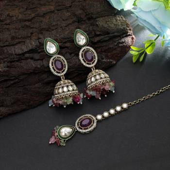 Multi color kundan earrings tikka set 1