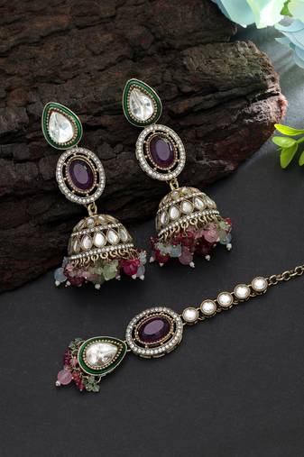 Multi color kundan earrings tikka set