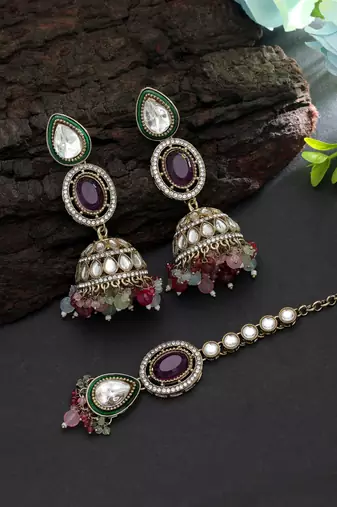 Multi color kundan earrings tikka set