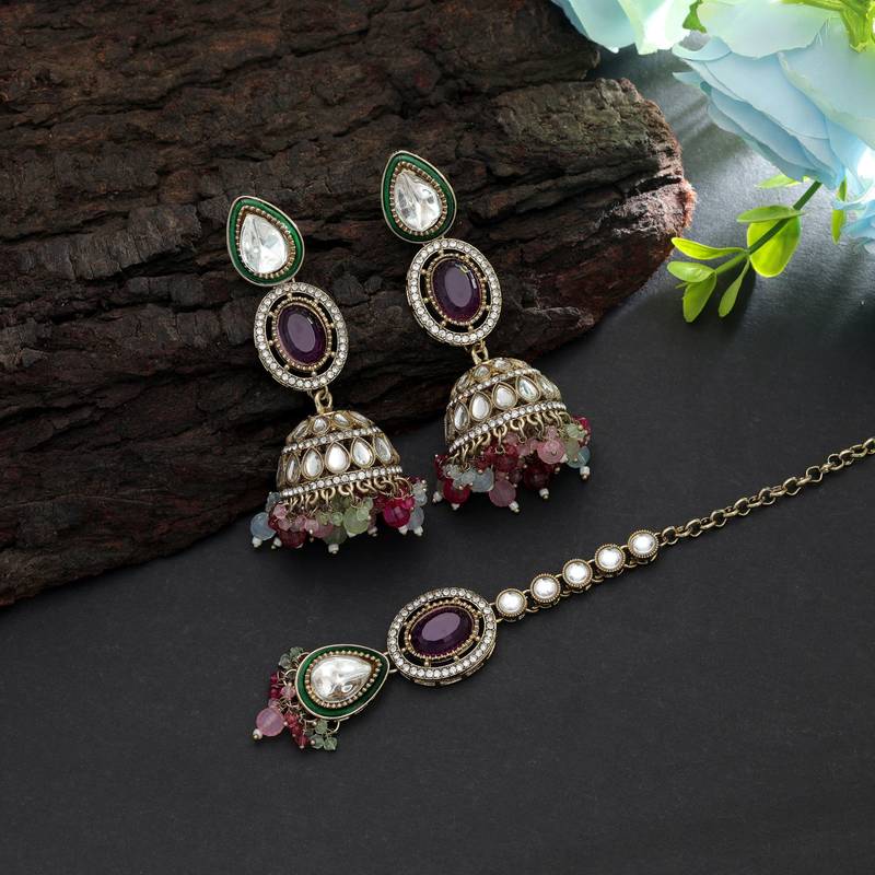 Multi color kundan earrings tikka set