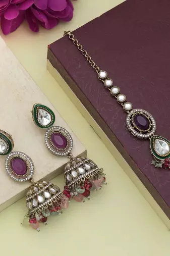 Multi color kundan earrings tikka set