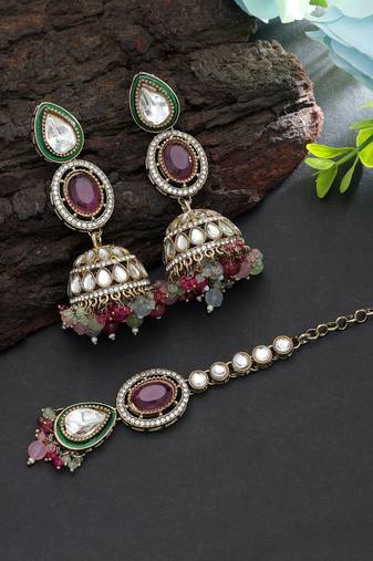 Multi color kundan earrings tikka set