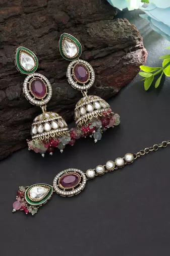 Multi color kundan earrings tikka set