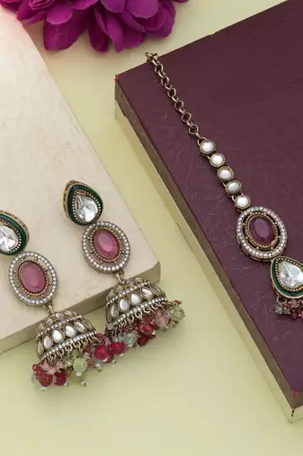 Multi color kundan earrings tikka set