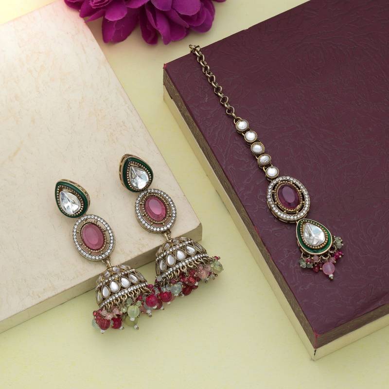 Multi color kundan earrings tikka set