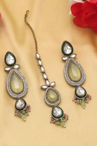 pista green color kundan earrings tikka set