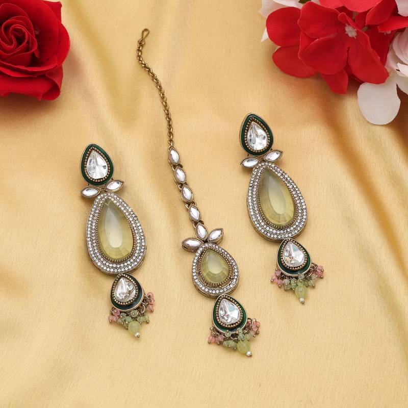 pista green color kundan earrings tikka set