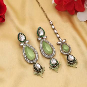 Pista green color kundan earrings tikka set 1