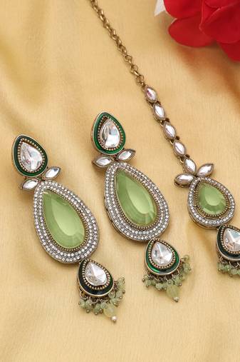 Pista green color kundan earrings tikka set