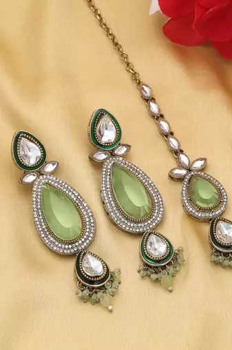 Pista green color kundan earrings tikka set