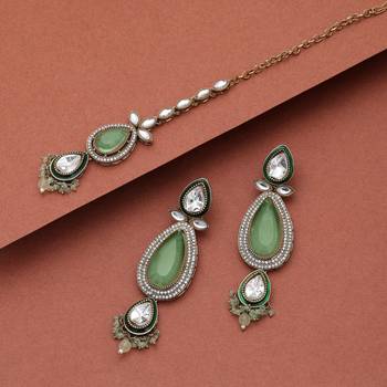 Pista green color kundan earrings tikka set 2