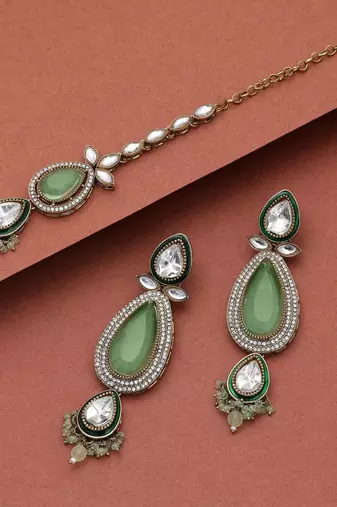 Pista green color kundan earrings tikka set