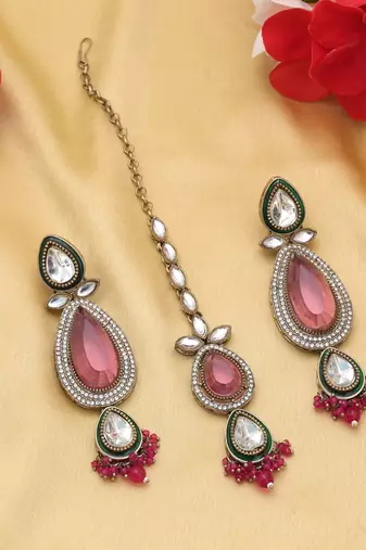 Rani color kundan earrings tikka set