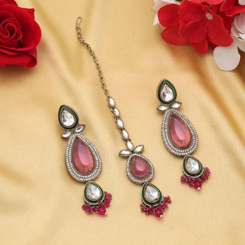 Rani color kundan earrings tikka set