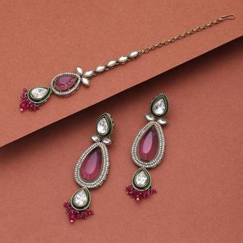 Rani color kundan earrings tikka set 2