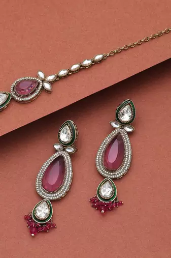 Rani color kundan earrings tikka set