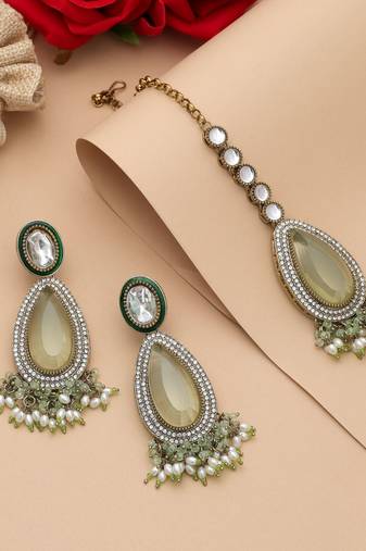 Pista green color kundan earrings tikka set