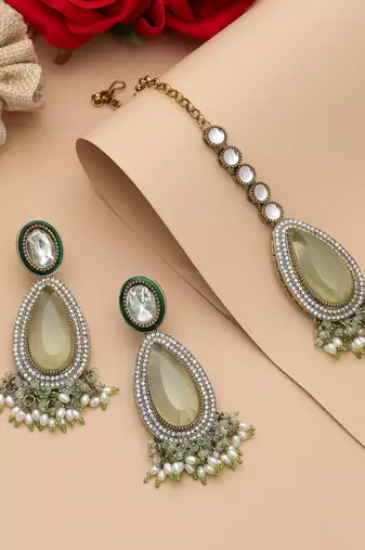 Pista green color kundan earrings tikka set