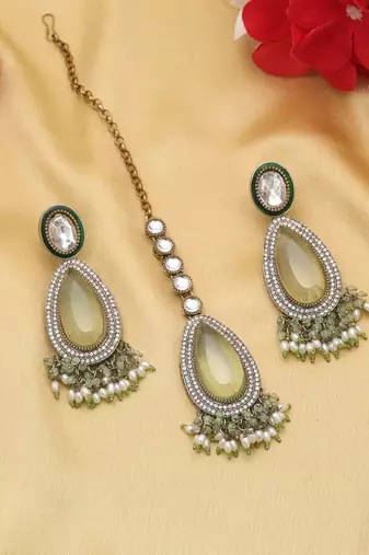 Pista green color kundan earrings tikka set