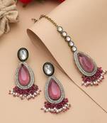 Rani color kundan earrings tikka set