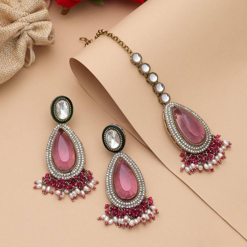 Rani color kundan earrings tikka set