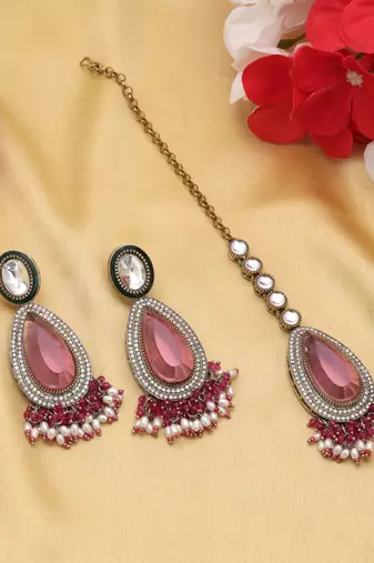 Rani color kundan earrings tikka set
