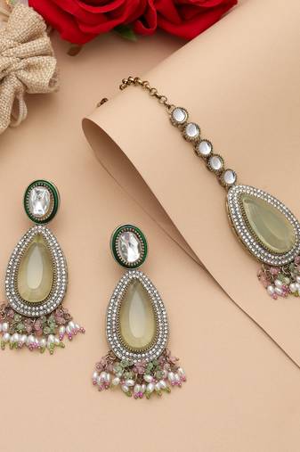 Pista green & pink color kundan earrings tikka set