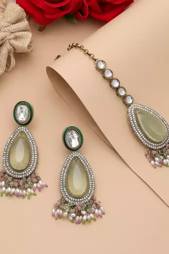 Pista green & pink color kundan earrings tikka set