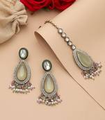 Pista green & pink color kundan earrings tikka set