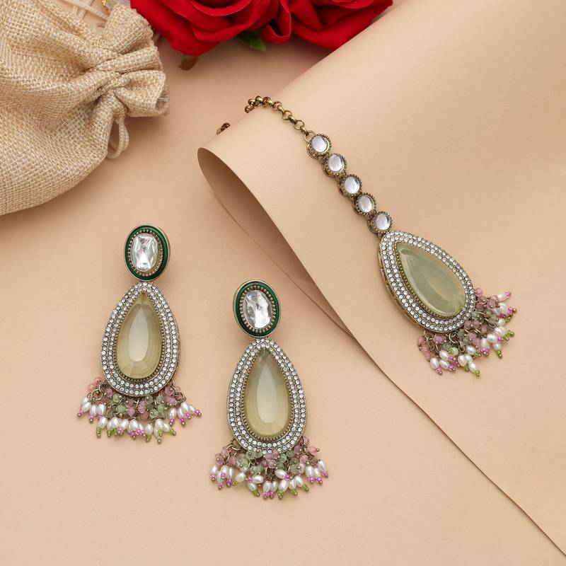 Pista green & pink color kundan earrings tikka set
