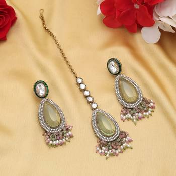 Pista green & pink color kundan earrings tikka set 2