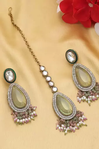 Pista green & pink color kundan earrings tikka set