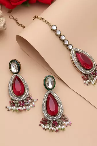 Multi color kundan earrings tikka set