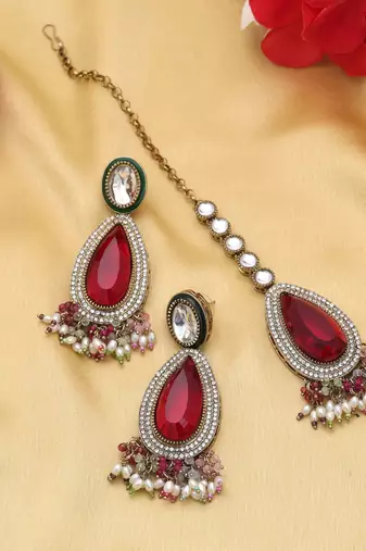 Multi color kundan earrings tikka set